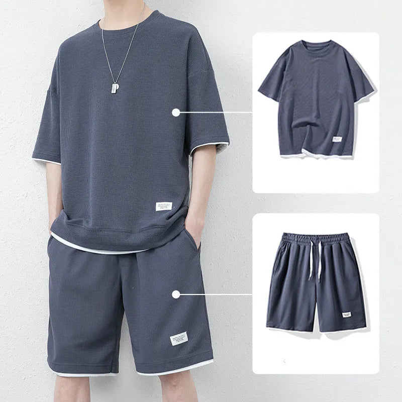 Summer Solid Waffle Tracksuits 2026 Men's Short Sleeve Shorts Casual Two Piece Sets Loose Breathable Men Clothes Joggers Outfits