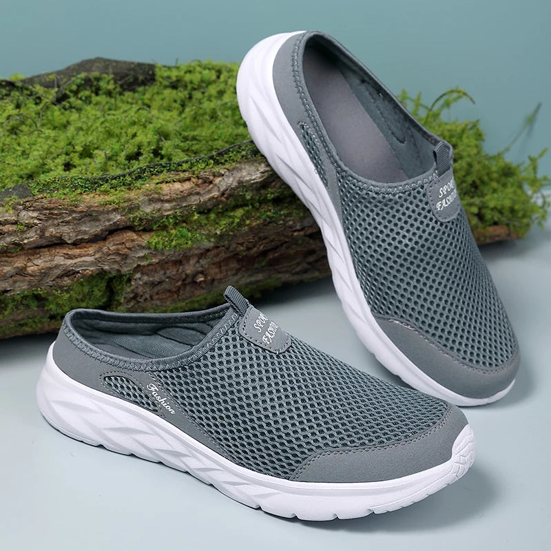 YRZL Mens Half Slippers Summer Breathable Mesh Mens Shoes Outdoor Casual Walking Shoes Large Flat Light Mesh Slippers Sandals