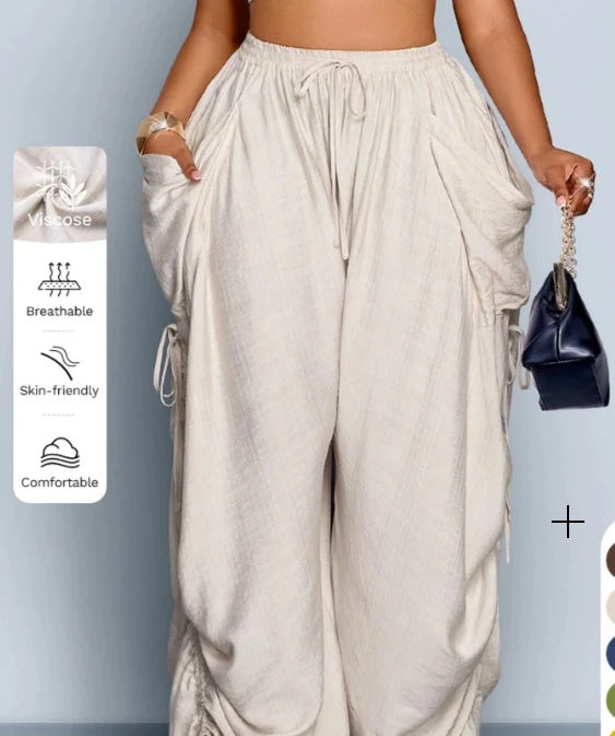 Loose Wide Leg Pants Drawstring Elastic Waist Pure Color Casual Trousers Women's High Waist Straight Cut Summer Fashion