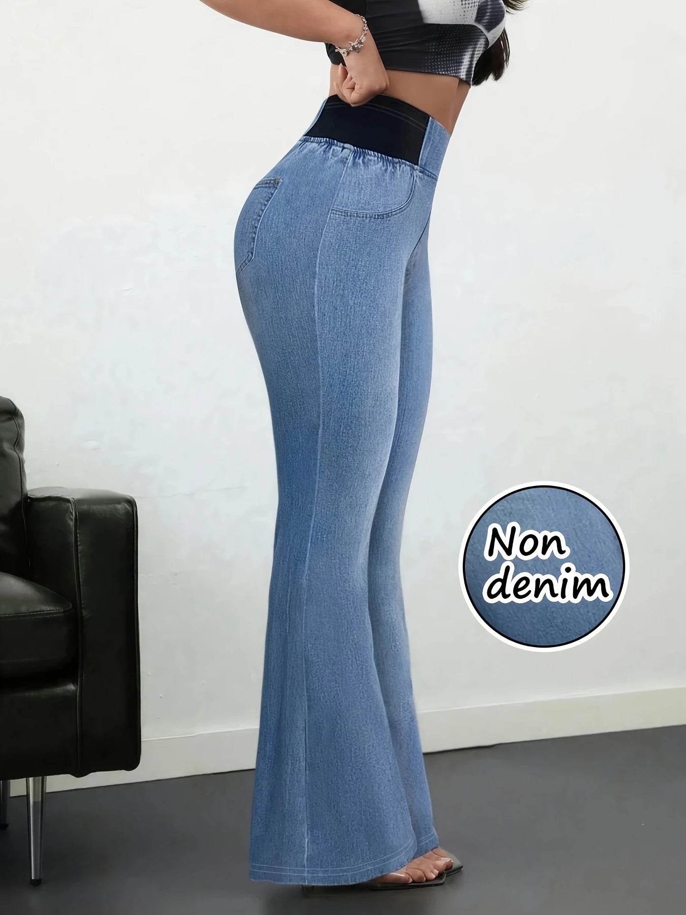 Women's Imitation Denim Flared Jeans, High Waist Stretchy Leggings Booty Lifting Casual Pants Trousers for Casual Streetwear