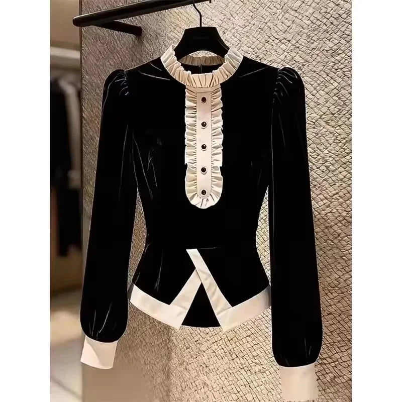 Autumn New High-Quality Fake Two Pieces of Black Stitching Velvet Shirt Women's  Fashion Long-sleeved Elegant Casual Lady Blouse