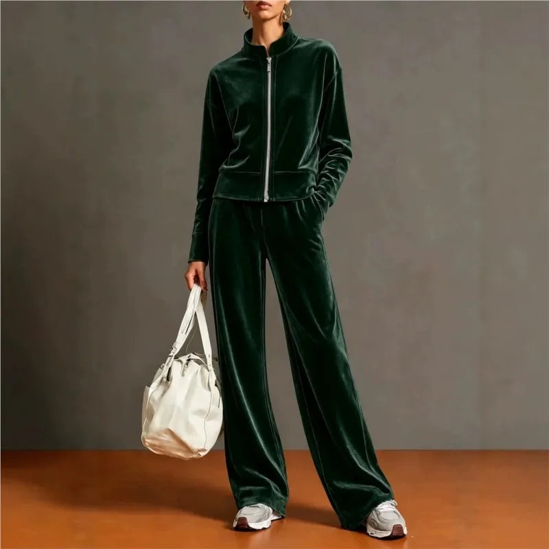 Women Solid Color Velvet 2 Piece Set Stand Collar Full Zip Jacket Wide Leg Pant Casual Sport Matching Outfit Autumn Winter Set