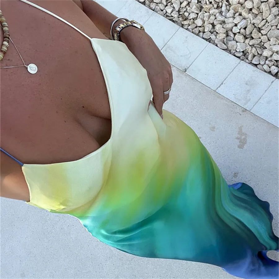 Puloru Gradient Color Summer Cami Long Dress Sexy Backless Cross Spaghetti Strap V-Neck Wrap Party Dress for Beach Nightclub