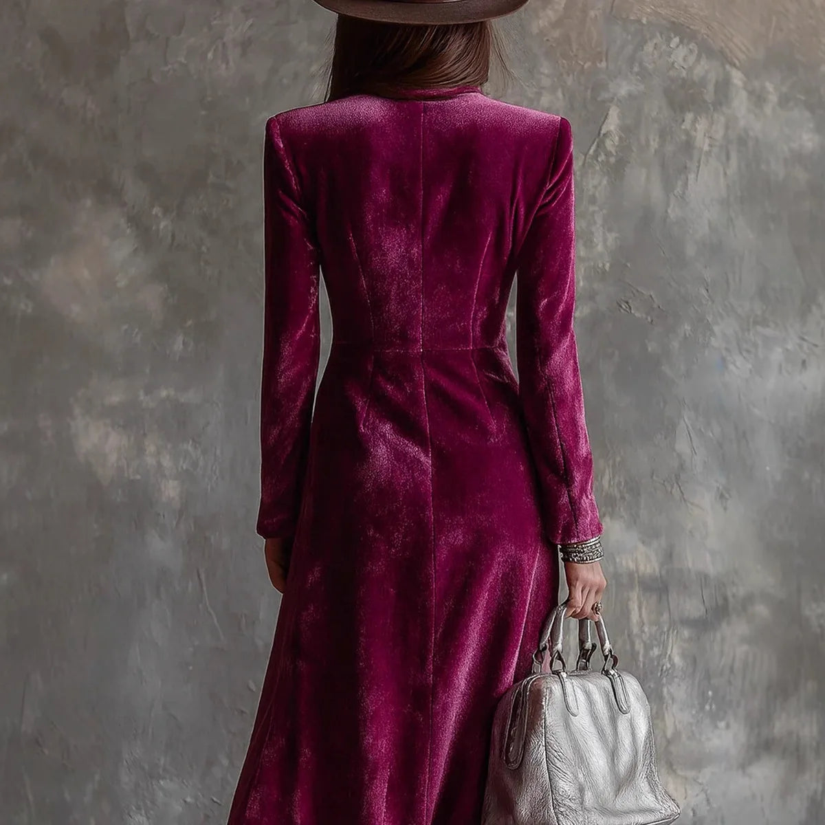 Velvet Double Breasted Dress for Women's Long Sleeve Lapel Collar Split Hem Elegant Vintage Casual Slim Fall Winter Midi Dress