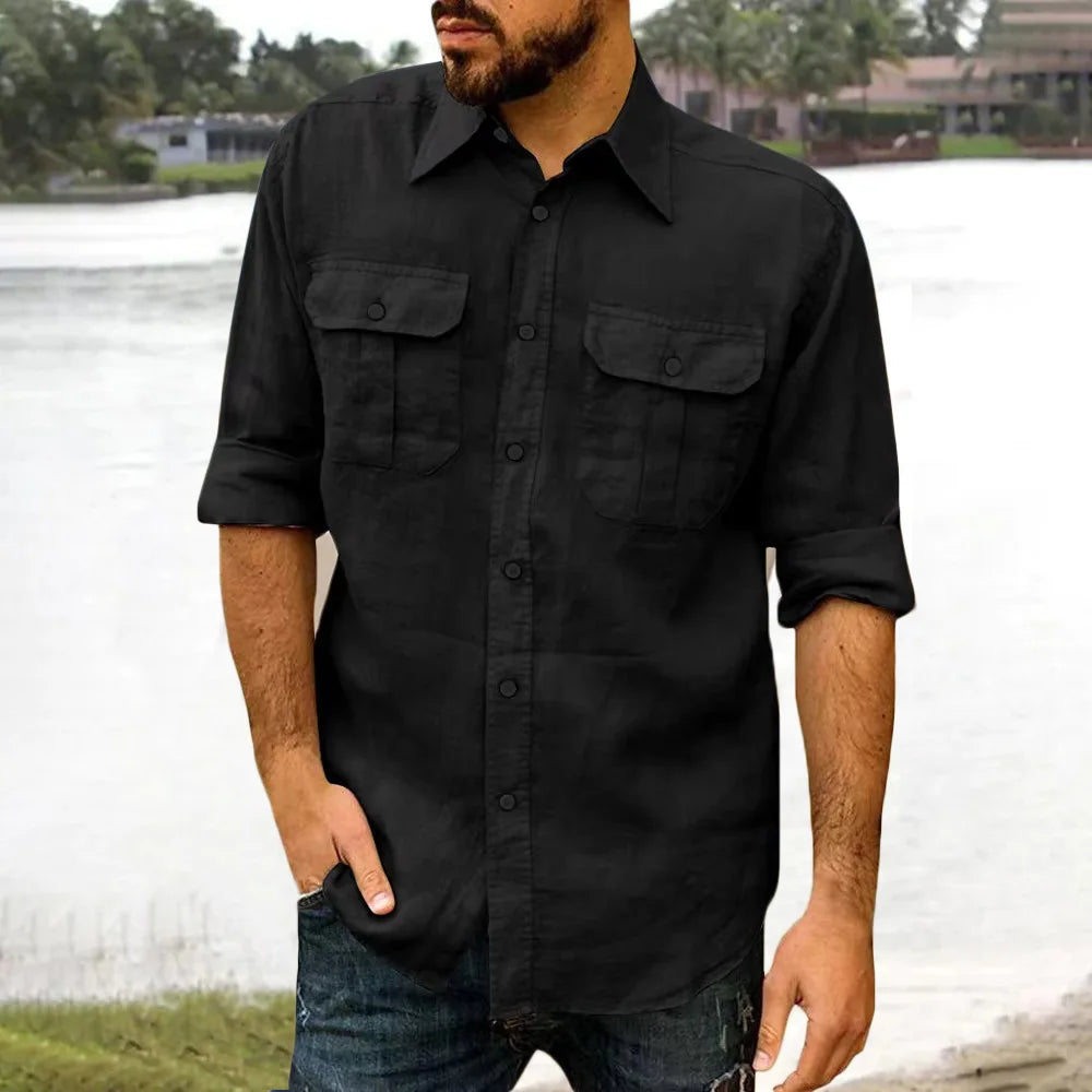 Cotton Linen Men's Shirt Long Sleeve Solid Color Casual Tops Lapel Double Pocket Design Classic Shirt Trendy Male Clothing