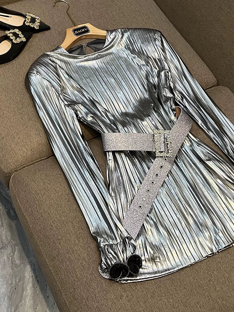 HIGH Quality 2026 Fashion Women's Sexy Luxury Glitter Flare Long Sleeve Belted Pleated Mini Party Dress