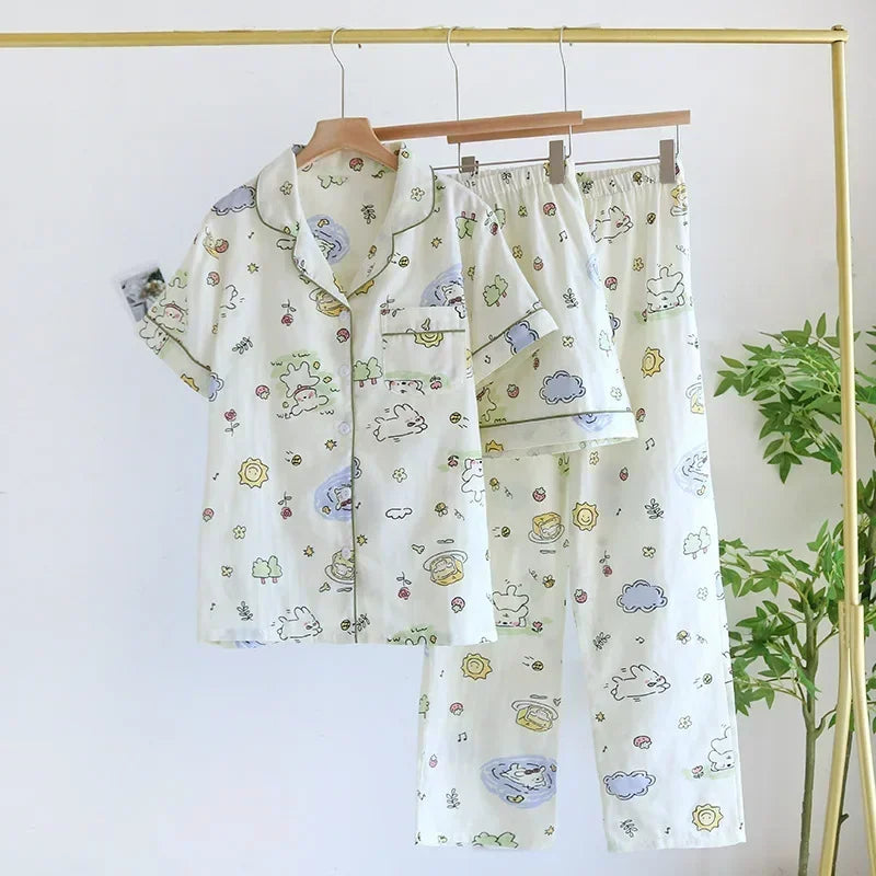 Three-piece Japanese-style pajamas women spring and summer autumn 100% cotton gauze short-sleeved shorts trousers summer suit ho