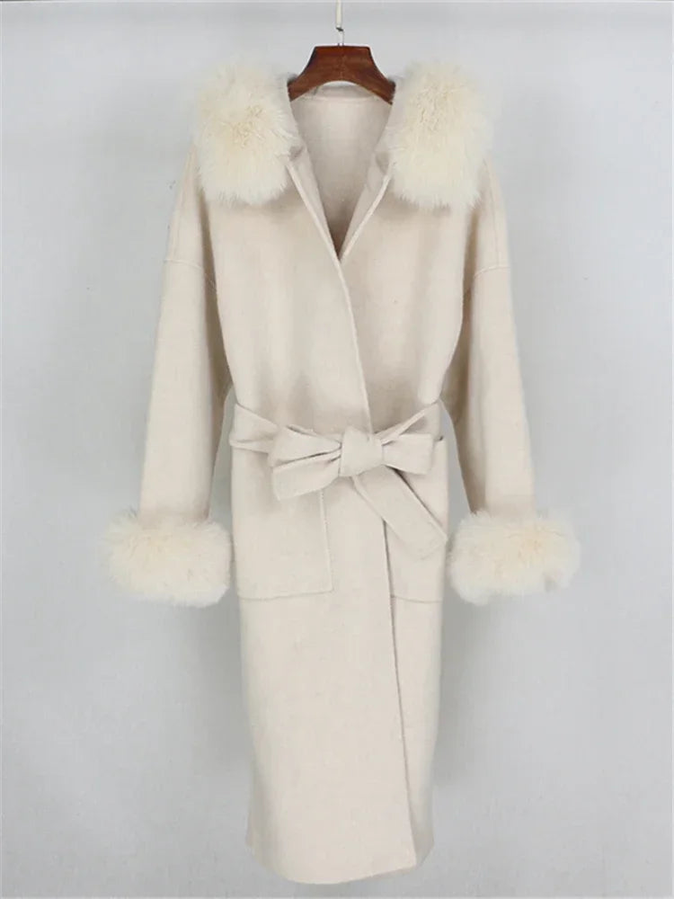 Real Fur Wool Outerwear Wool Blends Coat Natural Fox Fur Collar Hooded Cashmere Winter Jacket for Women Streetwear High Street