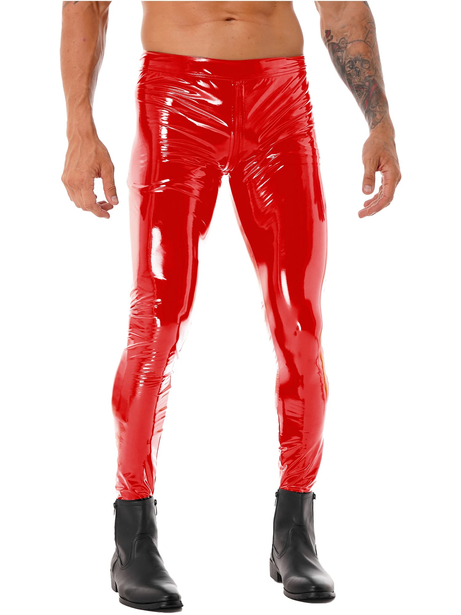 Men Latex Leather Pants Low Waist Faux Leather Shiny Pants Fashion Tight Trousers for Club Stage Show Rock Band Performance
