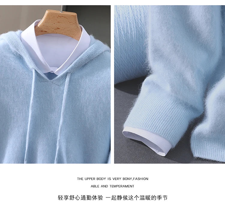 LHZSYY 100% Pure Mink Cashmere Hooded Sweater Men's Hooded Knitted Pullover Business Casual Loose Hoodie Autumn Bottoming Shirt