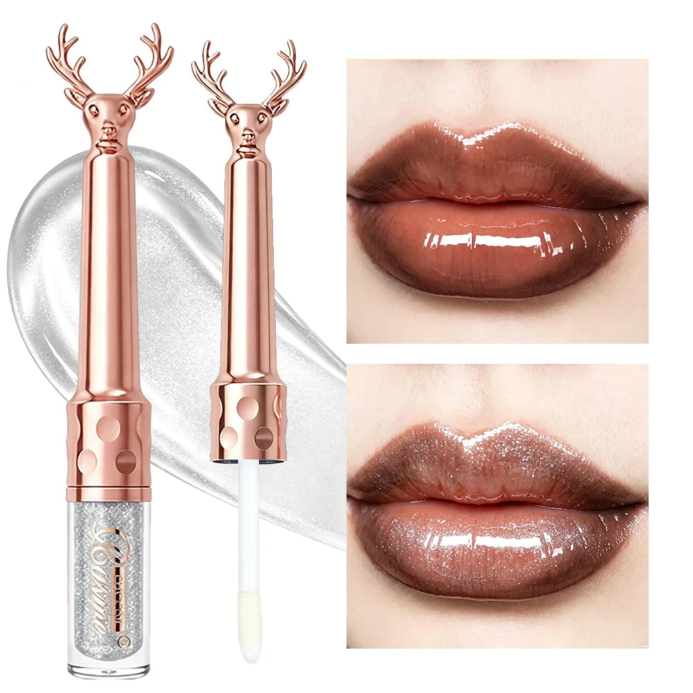 CHOOSE RASME Deer Antlers Fine Shining Lip Gloss, Gilded Gold Silver Shining Glass Lip Stack Coating, Brightening Dudu Lip Oil