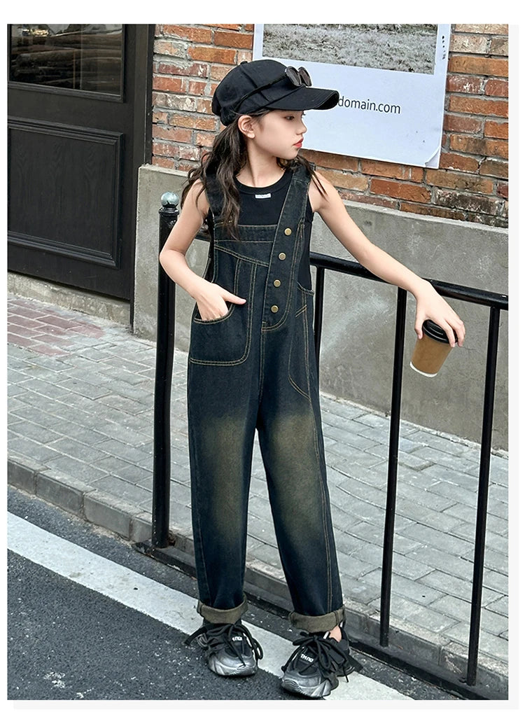 Elegant Children Jeans Jumpsuit with Broken Holes For Girls Fashion Overalls Streetwear Kids Denim Suspenders Pants With Strap