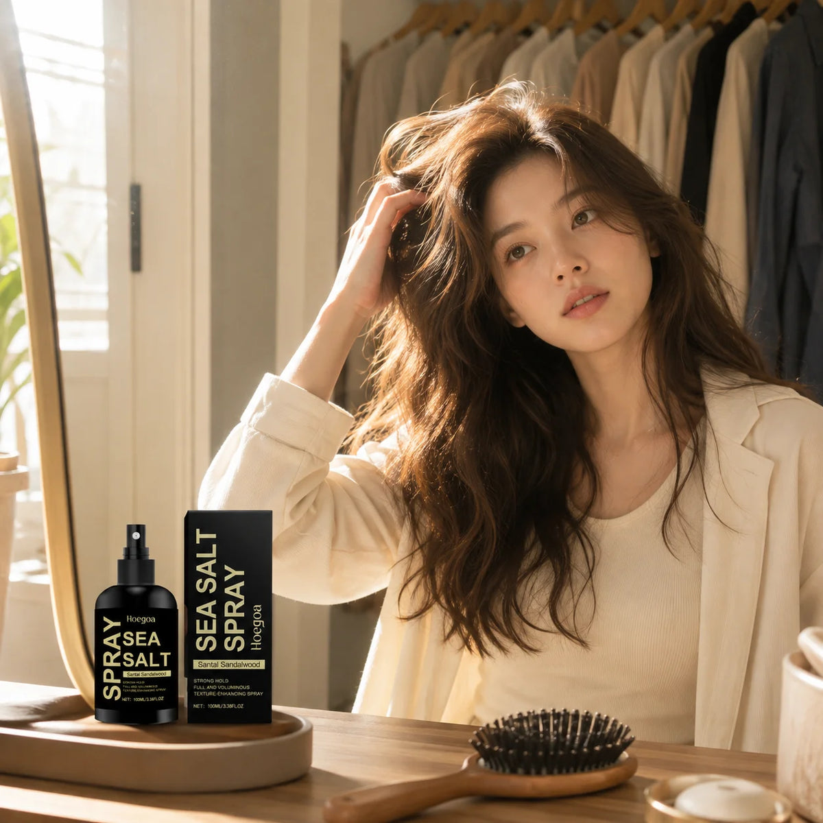 Hoegoa Sea Salt Spray Long‑Lasting Hold Add Hair Volume Anti‑Frizz Hair Strengthening Sandalwood Scent Daily Hair Styling Spray