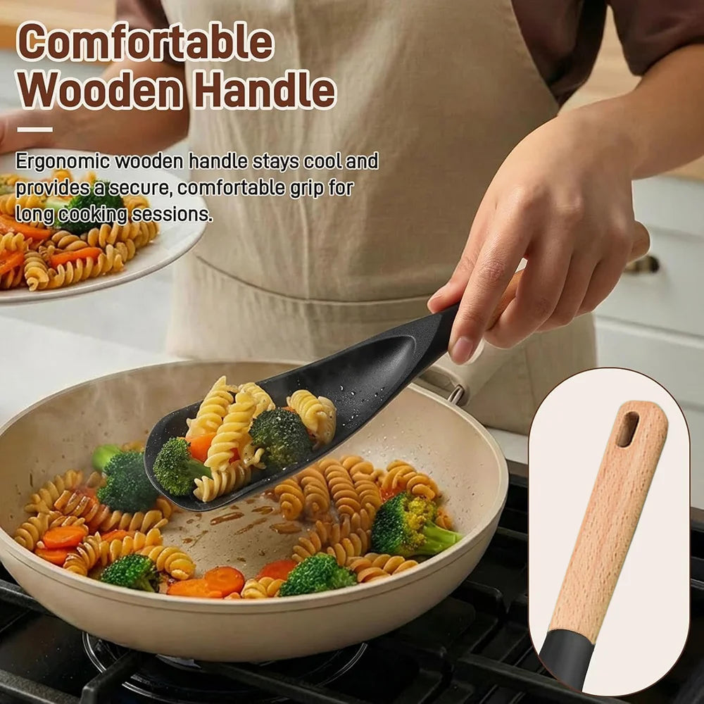 Multifunction Silicone Cooking Spoon Spatula for Nonstick Cookware, Heat Resistant Kitchen Gadgets Utensil with Wooden Handle