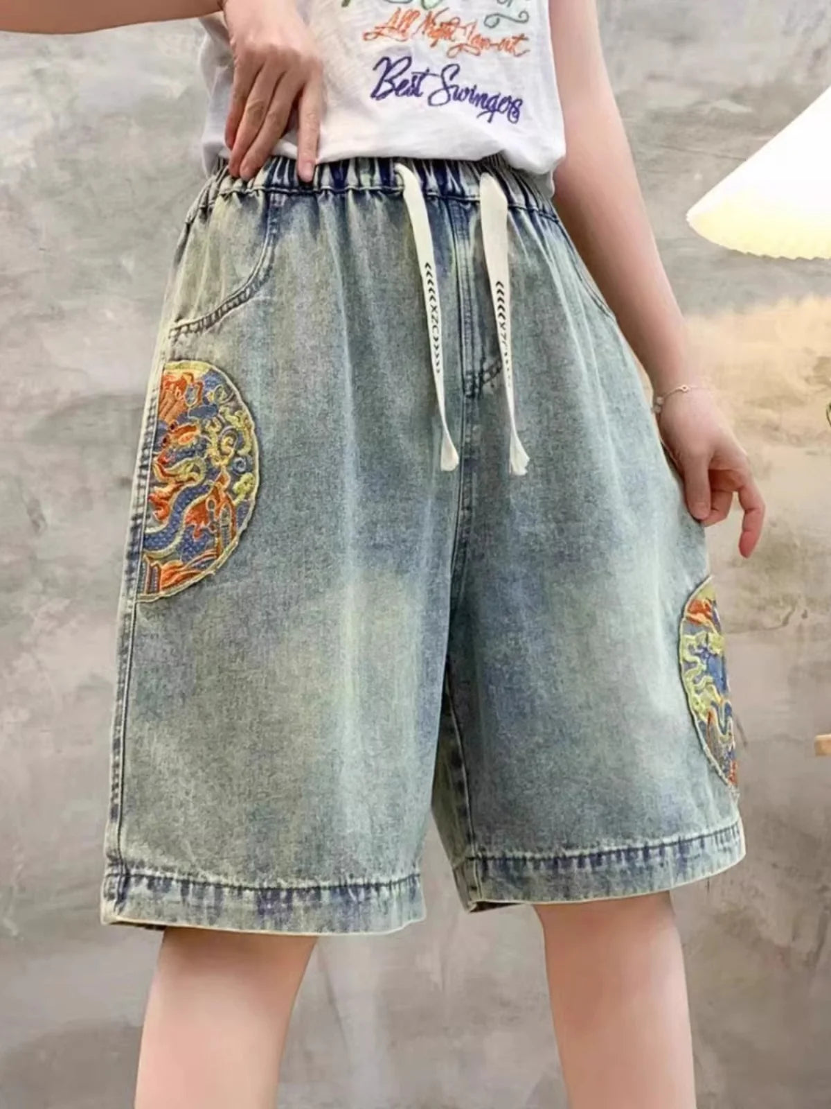 Retro Distressed Embroidered Denim Shorts Women's Loose Wide Leg Pants High Waist Blue Thin Summer New Style Fashionable