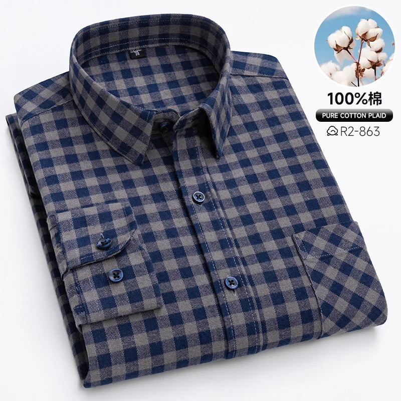 Classic Retro Plaid Flannel Shirt Long Sleeve 100% Cotton Fashion Casual Soft Spring Autumn Winter Standard Pocket Men's Shirt