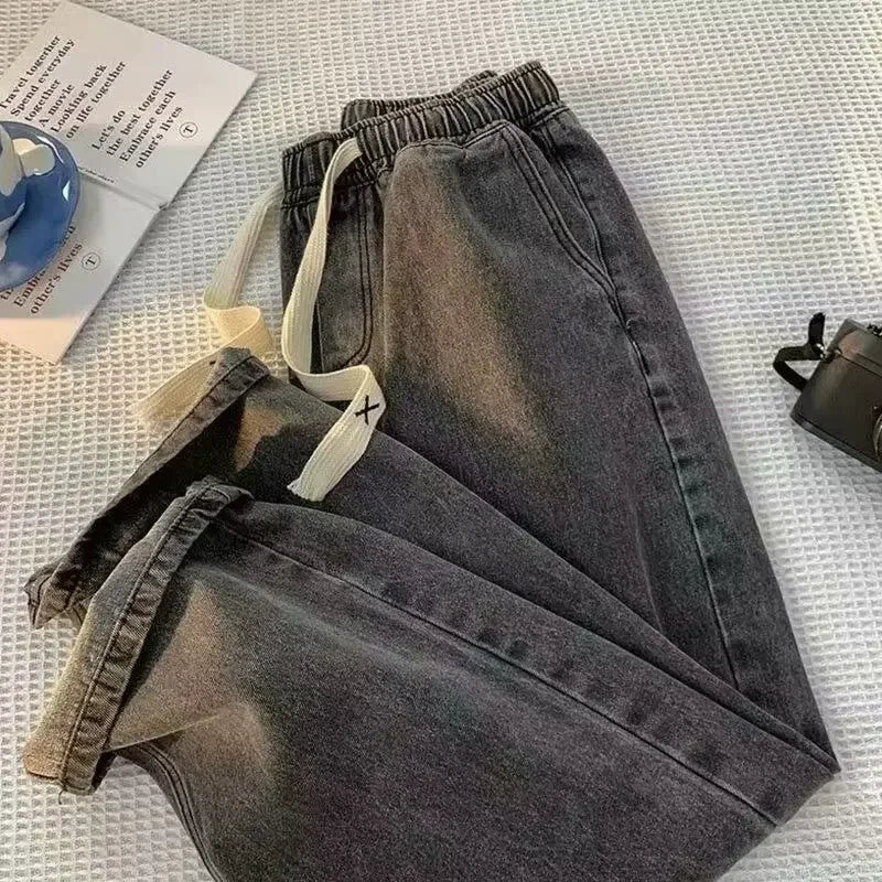 Black Vintage Men Jeans Spring Trend Straight Elastic Waist Wide Leg Denim Pants Male Daily High Street Comfortable Trousers