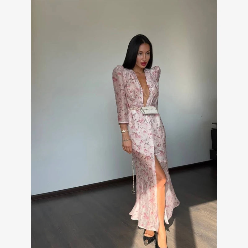 Women Floral Print Short Sleeve Maxi Dress Fashion V-neck Ruffle Trim Belted Slit Hem Dresses Casual Lady Daily Vacation Gowns