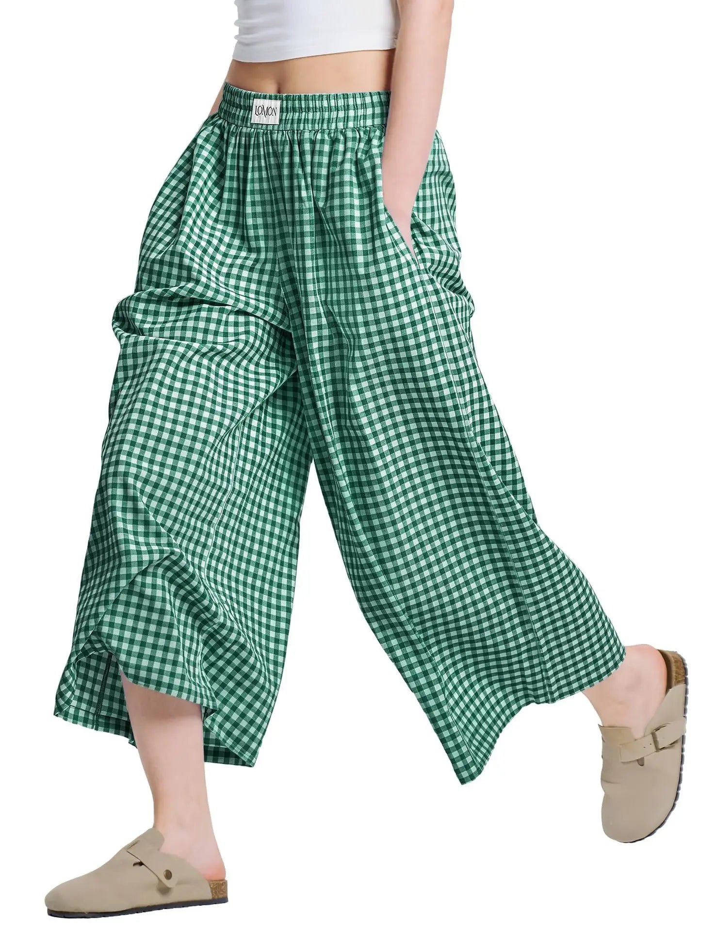 Women's Casual Plaid Wide Leg Pants Summer New Loose Slimming Lazy Long Trousers Comfortable Loose Fit High Waist Pants 2025