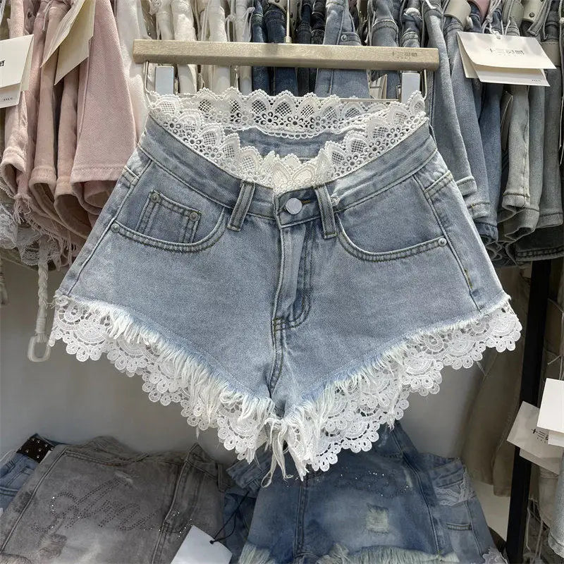 Light Blue Denim Shorts For Women High Waisted Raw Hem Lace Patchwork Petite Shorts Summer Casual Slim Fit Hot Pants