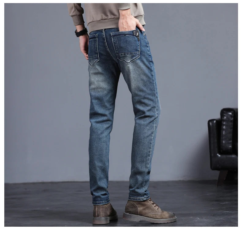 Men's Skinny Grey Jeans Fashion Casual Elastic Cotton Slim Korea Blue Biker Pencil Denim Trousers Male Hip Hop Brand Clothing