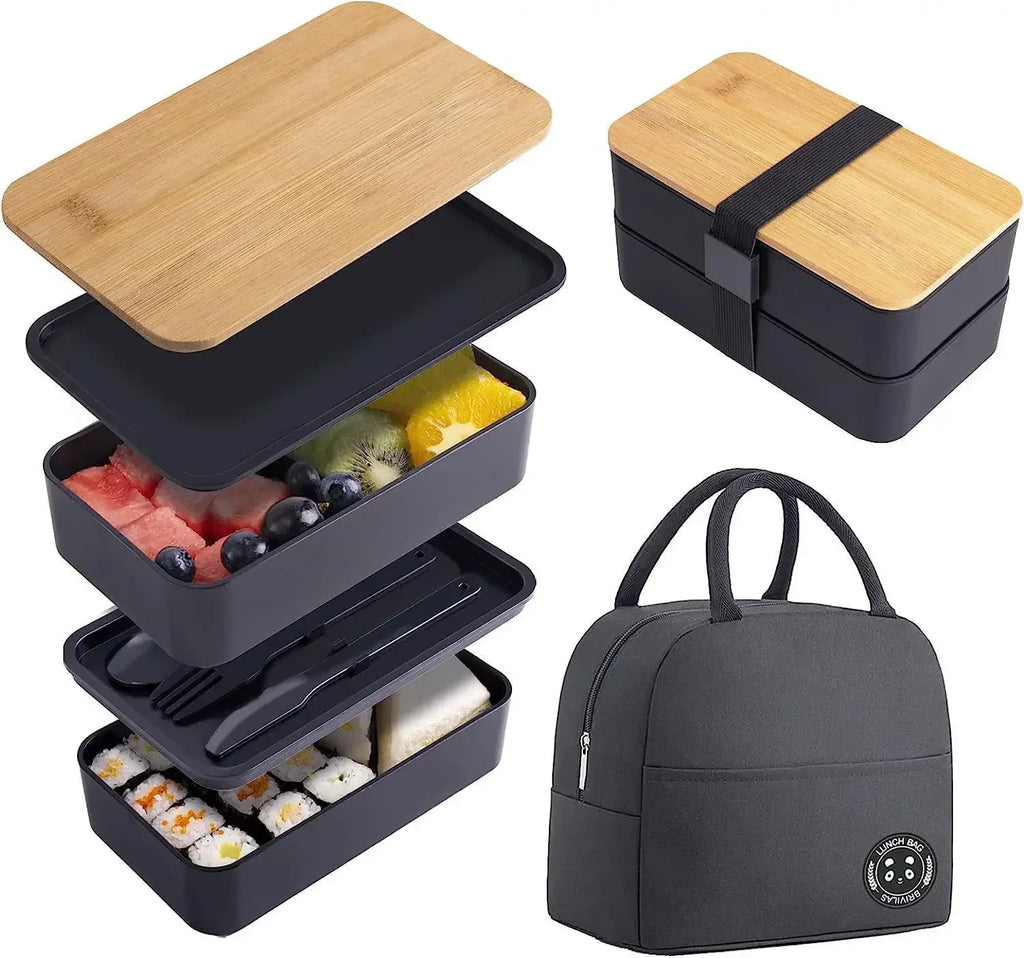1200ML Divided Lunch Box Picnic Microwave Wooden Cover Japanese Bento Box Portable Double Layer Food Container for Kids