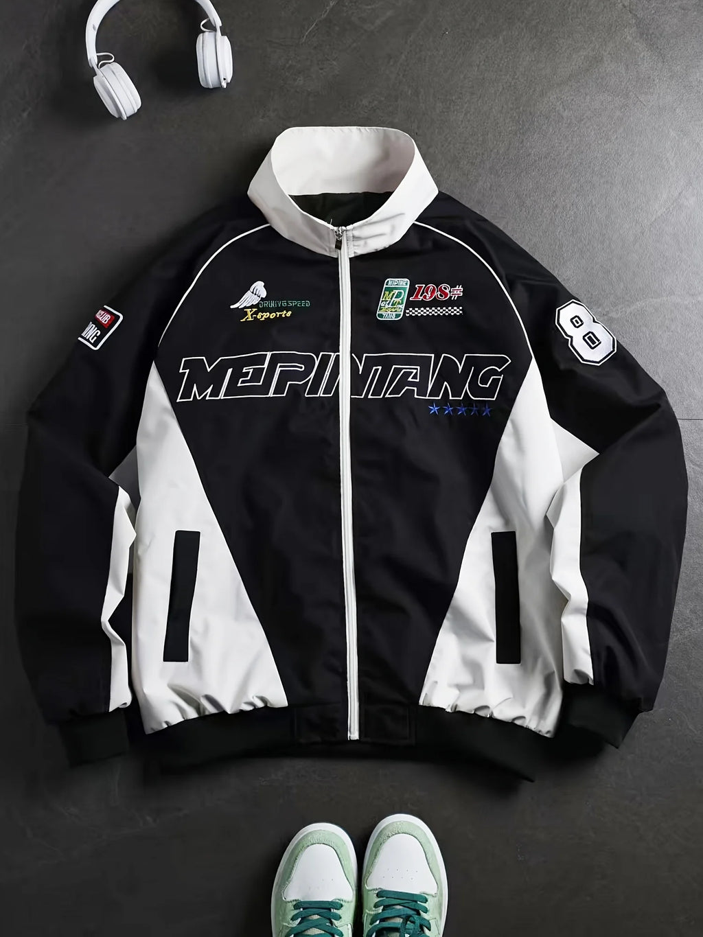 Men's American Street Retro Color Block Stand Collar Jacket Zip Up Loose Trendy Letter Print Fashion Casual Streetwear Coat