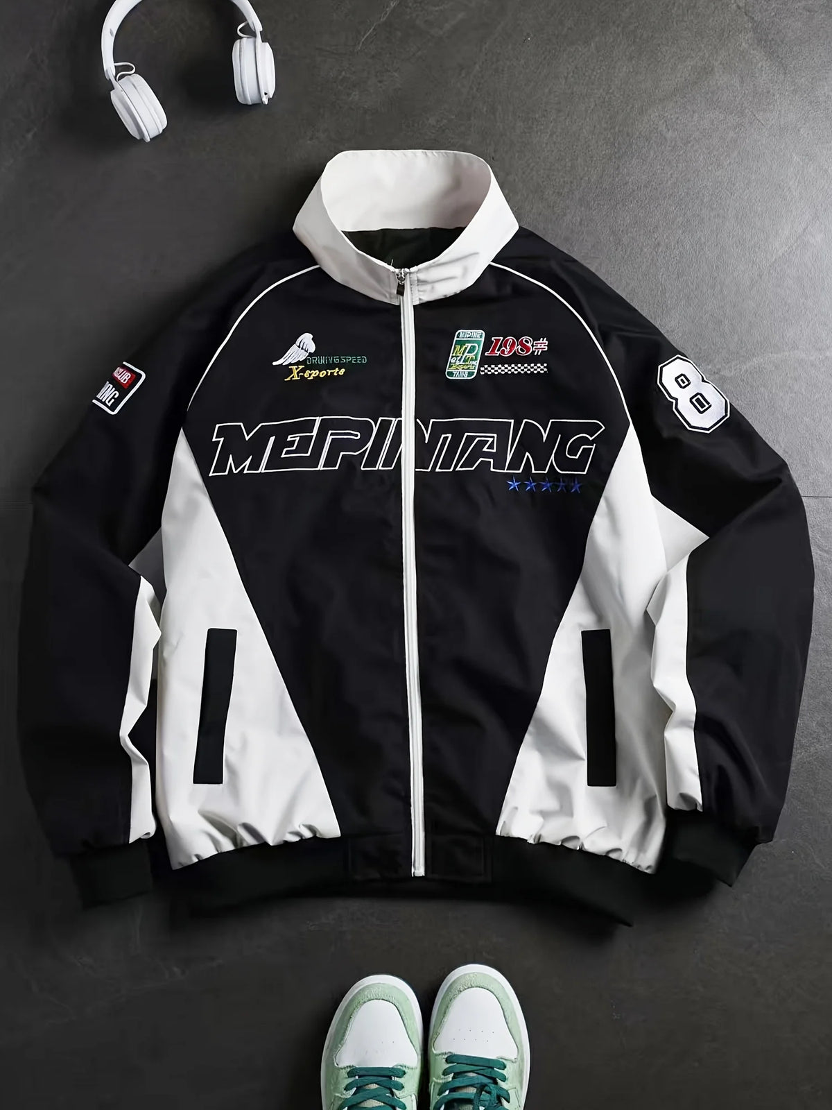 Men's American Street Retro Color Block Stand Collar Jacket Zip Up Loose Trendy Letter Print Fashion Casual Streetwear Coat