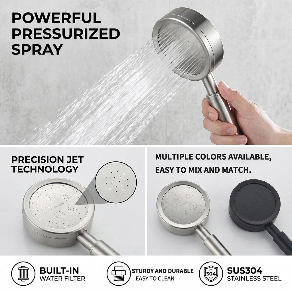 304 Stainless Steel Handheld Shower Head  High Pressure Booster   Universal Connector  Bathroom Shower Sprayer for Home Bath