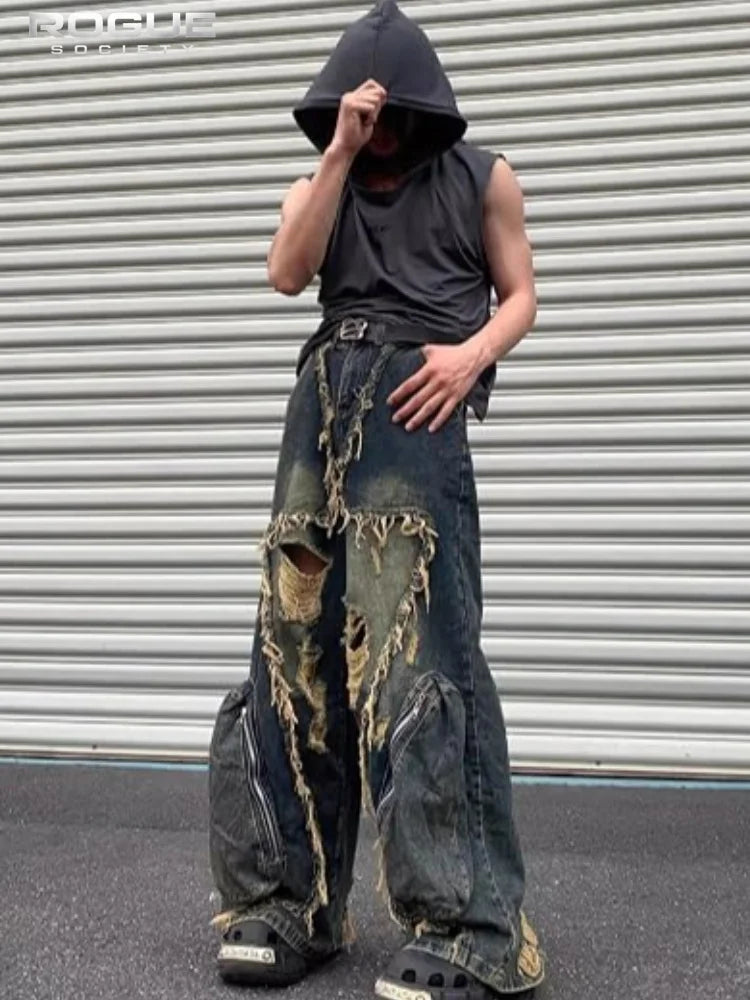 American Fashion Wornout Splicing Burr Edge Design Street Denim Pants Men 2026 New Trendy Personalized Original Male Jeans Y2K
