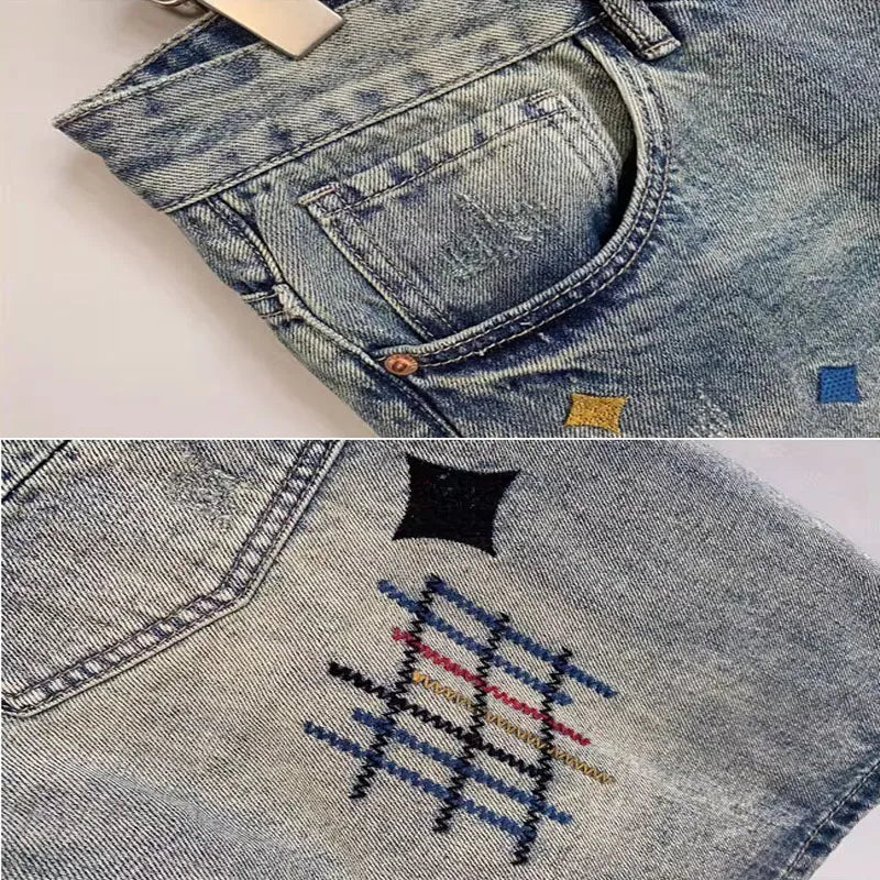 Summer Men American High Street Denim Short Pants Male Lightweight Straight Leg Casual Jeans Fashion Vintage Embroidered Shorts