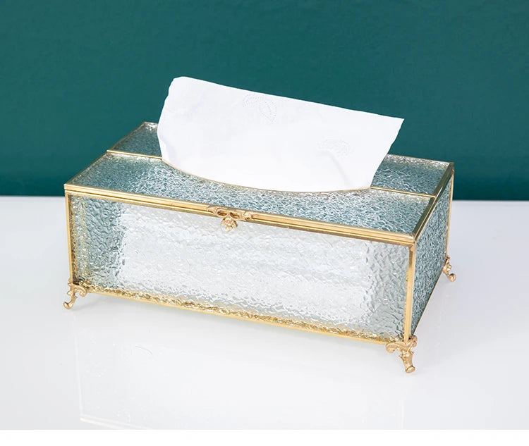 Vintage Brass Glass Tissue Box Living Room paper Storage Holder Tea Table Desktop Paper Box Hotel Restaurant Tissue Organizer