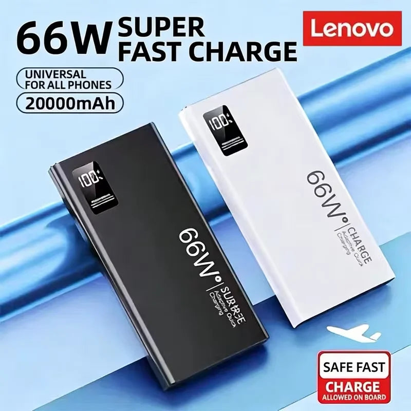 Lenovo 66W Super Fast Charging Power Bank 20000mAh High Capacity Bidirectional Quick Charge Digital Display Mobile Power Source
