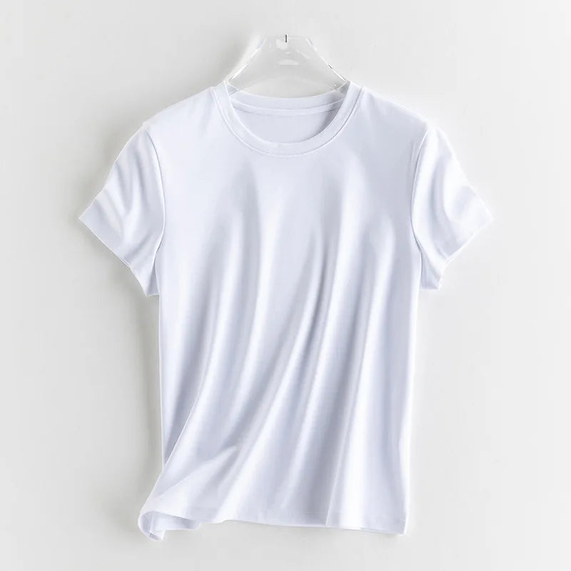 Birdtree 7%  Silk 62% Cotton Solid Female Tshirt,Woman O-neck Short Sleeve Fit Shirt,2025 Spring Summer New T57615JF