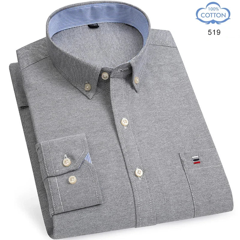 2025 Men's Social Shirt Pure Cotton Oxford Luxury Brand Thin Soft Buttoned Plaid Formal Work Western Clothing