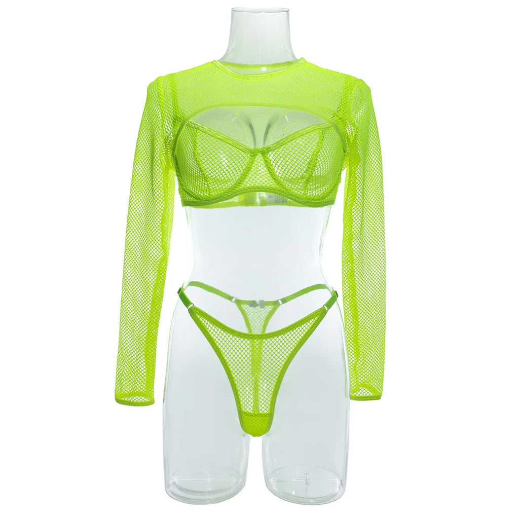 Brskbzda Sensual Fishnet Lingerie Cover-up Top Long Sleeved Lace See Through Sexy Outfit Tulle Underwear Cut Out Exotic Sets