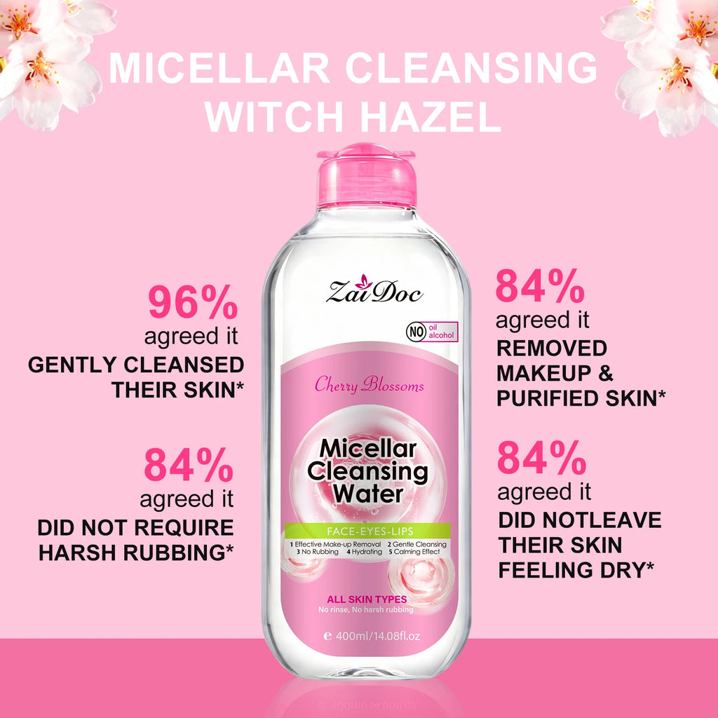 ZaiDoc Turmeric/Cherry Blossom Micellar Cleansing Water Makeup Remover No Rinse No Rubbing All Skin Types Face Eyes Lips 400ml Each
