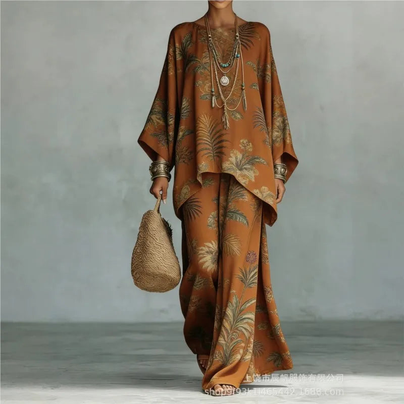 Bohemian Foreign Style Printed Women's Two-piece Set Spring Fashion O-neck Loose Top+wide Leg Pants Suit Ladies Office Outfit