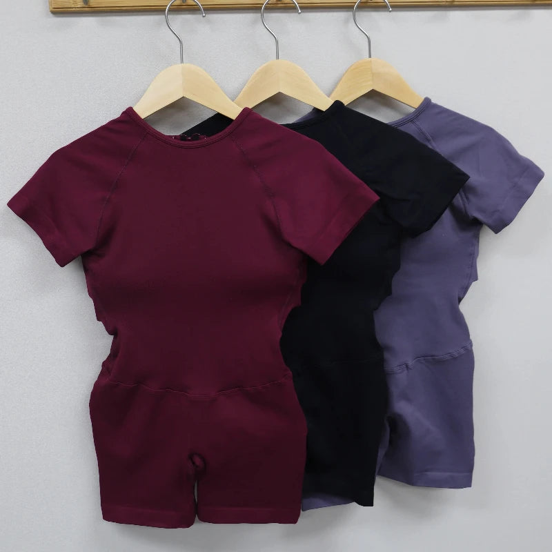 DFYZHE Multicolor One-Piece Seamless Backless Women's Fitness Outfit Yoga Slim-Fit Running and Workout Short-Sleeve Jumpsuit