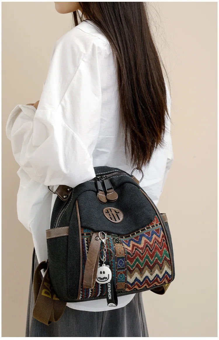 Denim ethnic style embroidered women's double shoulder bag, color-matched large capacity backpack, multi-purpose crossbody bag