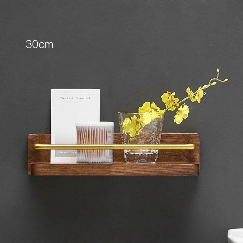 Brushed Gold Solid Wood Bathroom Shelf Wall Mounted Bathroom Storage Rack Towel Rack Bath Shower Shelf Bathroom Shelves