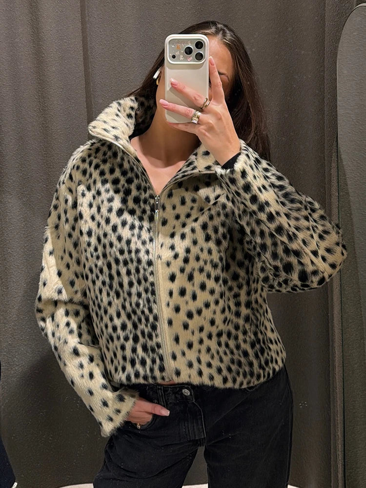 Women Leopard Print Faux Fur Jacket Zip Up Stand Collar Cropped Loose Fit Fuzzy Coat Vintage Street Casual Ladies Outerwear