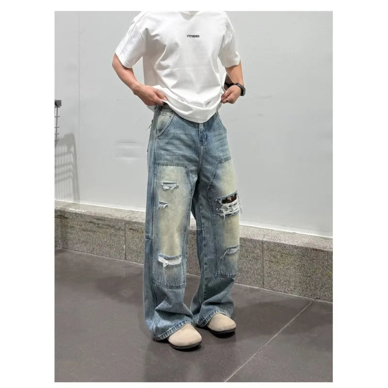 Men's Jeans Man Pants Heavy Duty Washed Multi Pocket Carpenter Style Straight Loose Denim Trousers Casual Fit High Street