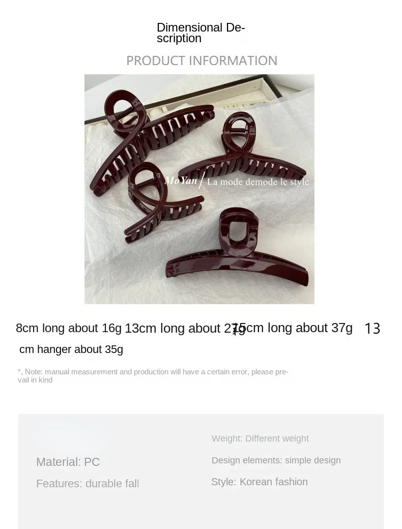 Simple fashion slightly drunk retro dark red grab clip temperament cross hairpin large back head disc hair shark clip