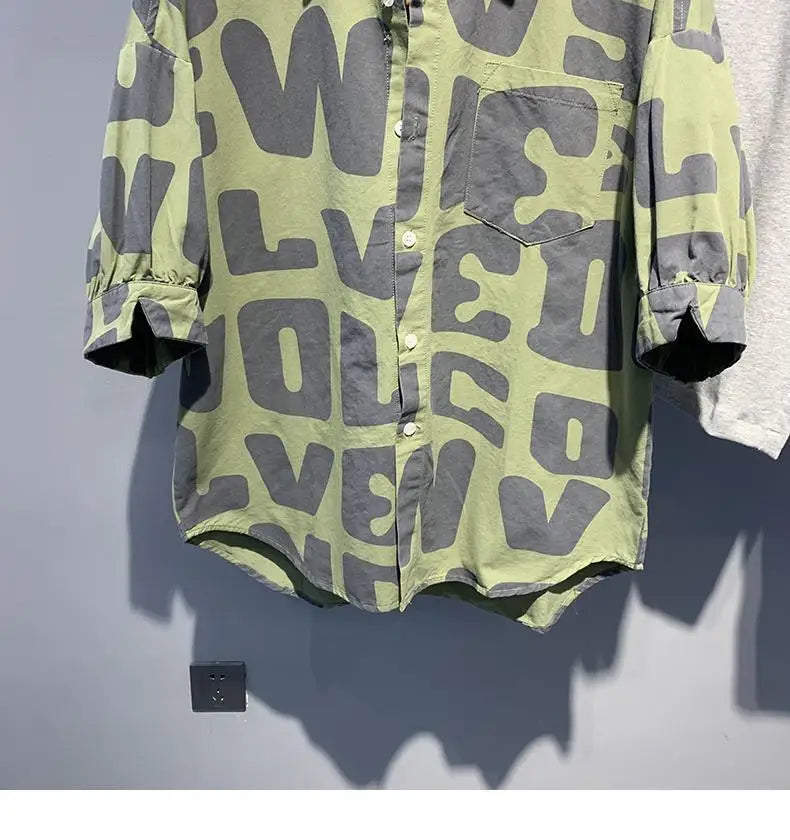 2024 Summer Trendy Men's Fashionable Lapel Full Body Letter Print High-end Versatile Casual Loose Oversized Short Sleeved Shirt
