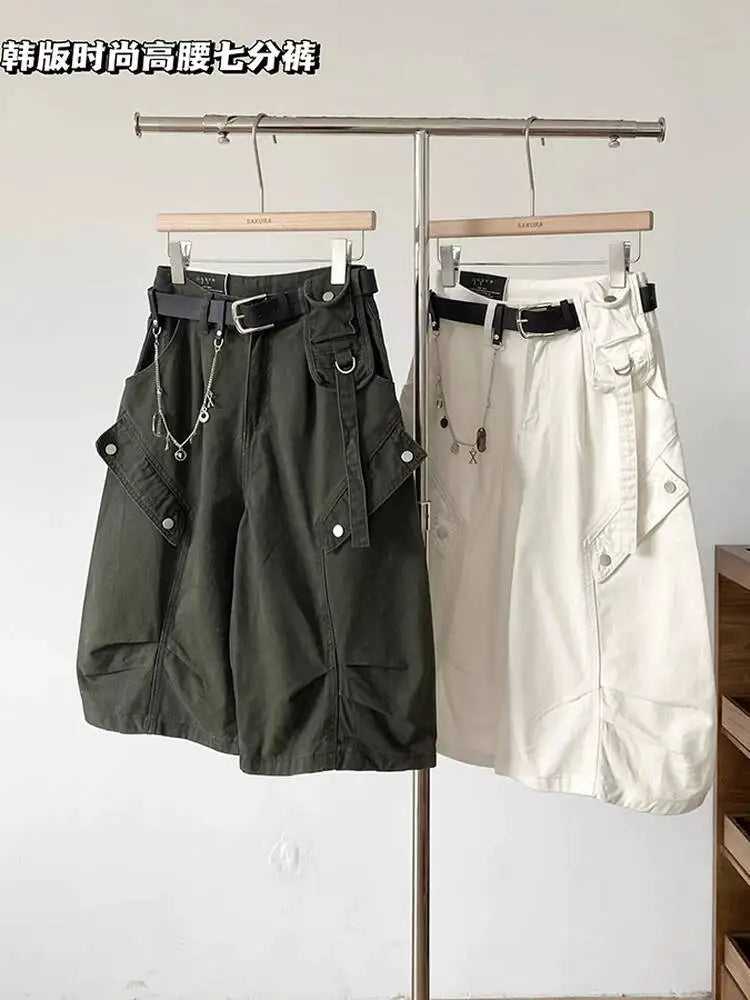 Women Denim Shorts 2026 New Summer Women's High Waist Slim Denim Cargo Pants Wide Leg Capri Pants Versatile Trousers