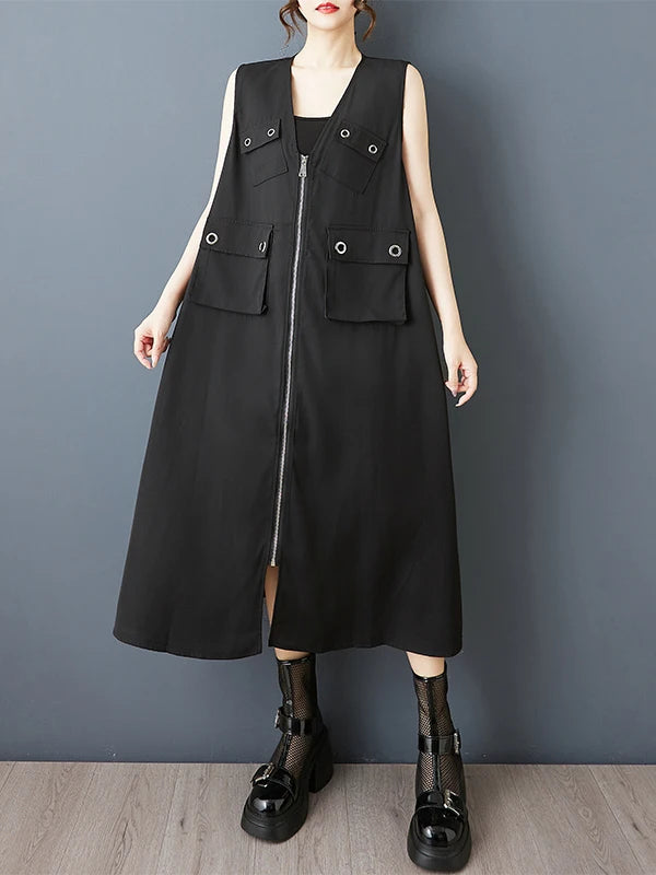 Summer 2026 Loose k Faion V-Ne Zipper Vest Dr Patchwork 3D ket Personali Dr Retro Sle Midi Skirt Dr