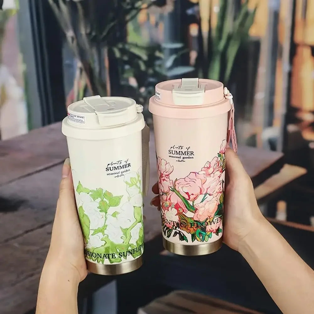 500ml vintage coffee cup sunflower women's cup portable travel cup leak proof double wall insulated cup vacuum drum