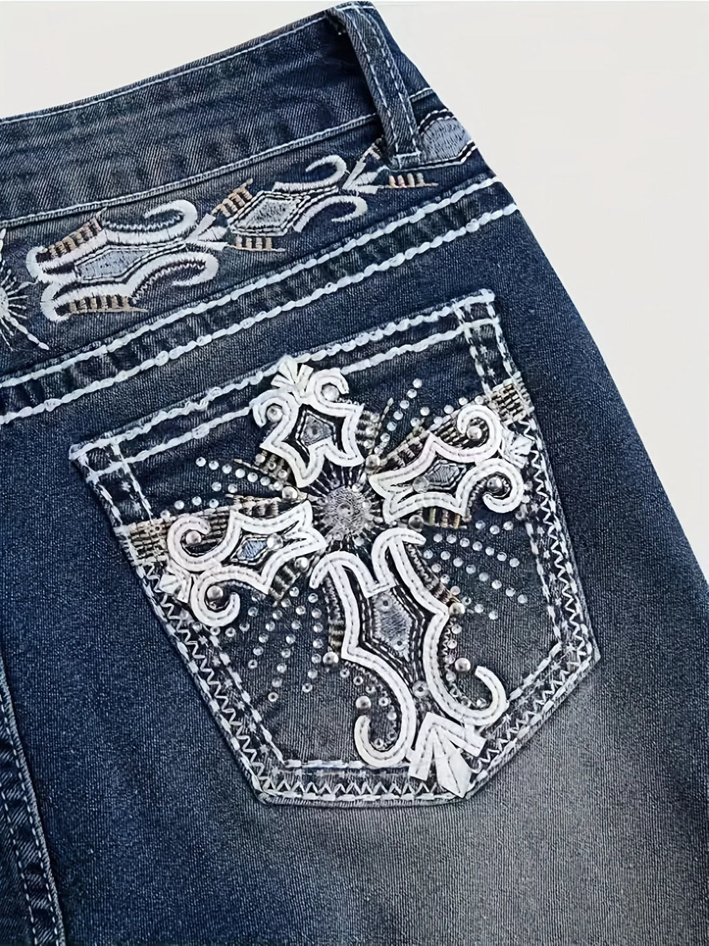 Denim Pant Women Bootcut Jeans Embroidery Vintage Washed Mid Waist Straight Trousers Slim Fit Y2k Streetwear Work Casual Summer