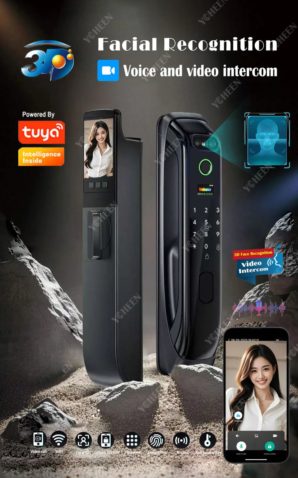 Tuya WiFi Video Intercom 3D Face Recognition Smart Lock, Biometric Camera Auto Keyless Lock for 5050 5072 5572 4585 6085 Mortise
